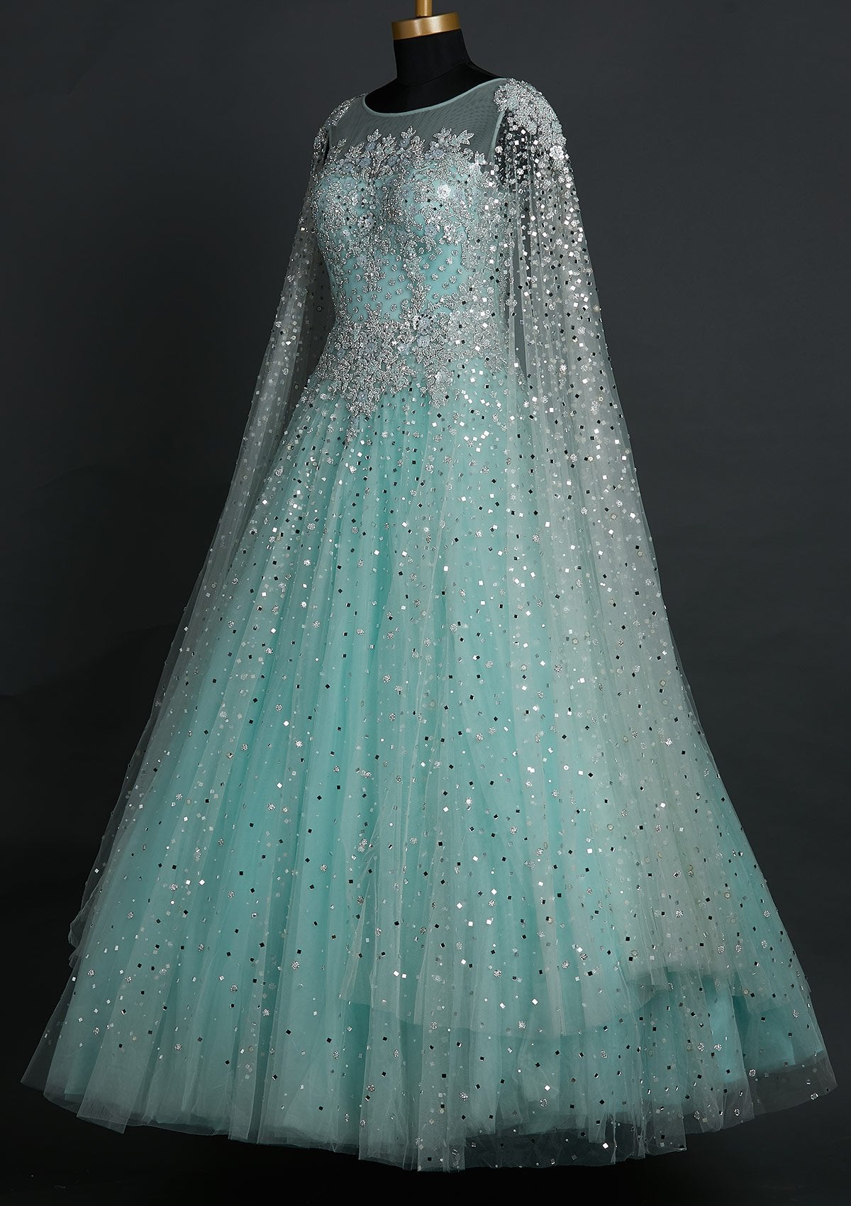 Sea Green Sequins Net Designer Gown ...